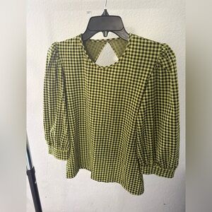 Amanda Uprichard Checkered Puff Sleeve Blouse - green and Black